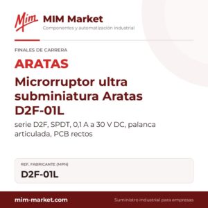 Microrruptor ultra subminiatura Aratas D2F-01L – serie D2F, SPDT, 0,1 A a 30 V DC, palanca articulada, PCB rectos