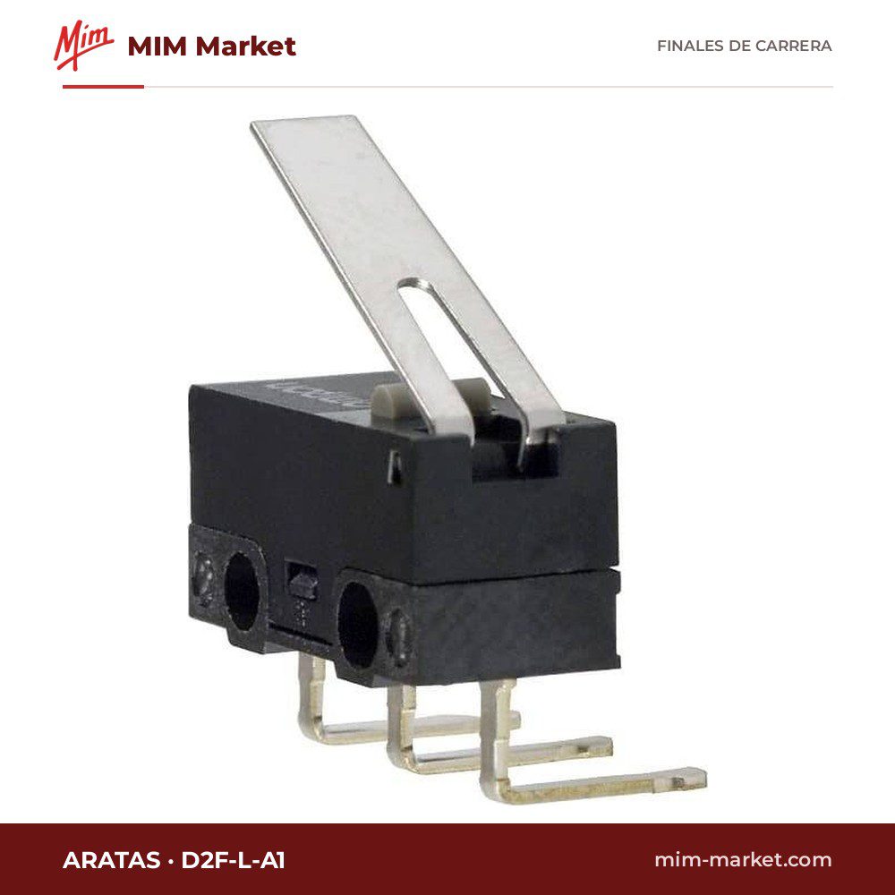 Microrruptor ultra subminiatura Aratas D2F-L-A1 – serie D2F, SPDT, 3 A a 125 V AC, palanca articulada, PCB acodados a la izquierda