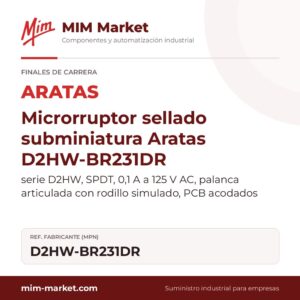 Microrruptor sellado subminiatura Aratas D2HW-BR231DR – serie D2HW, SPDT, 0,1 A a 125 V AC, palanca articulada con rodillo simulado, PCB acodados