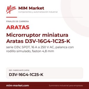 Microrruptor miniatura Aratas D3V-16G4-1C25-K – serie D3V, SPDT, 16 A a 250 V AC, palanca con rodillo simulado, faston 4,8 mm