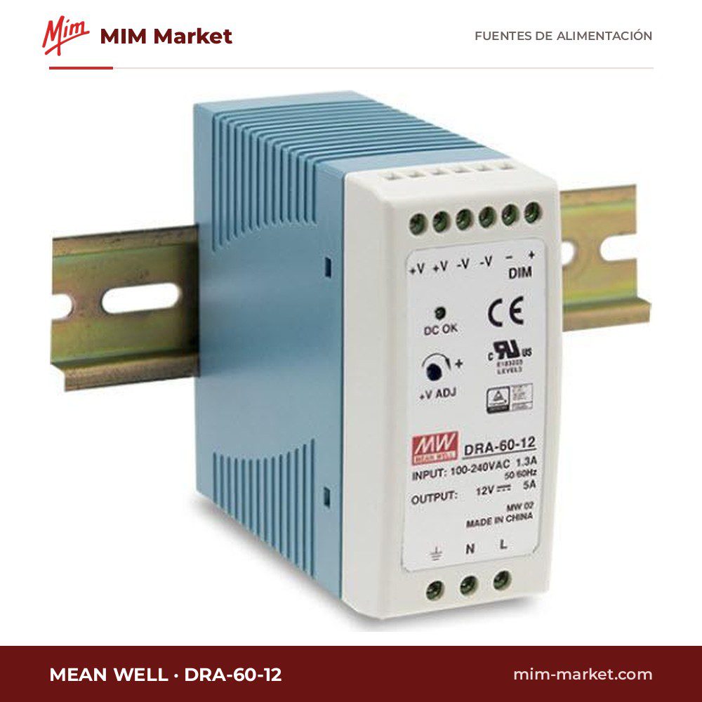 Fuente de alimentación carril DIN MEAN WELL DRA-60-12 – 12 V DC, 5 A, 60 W