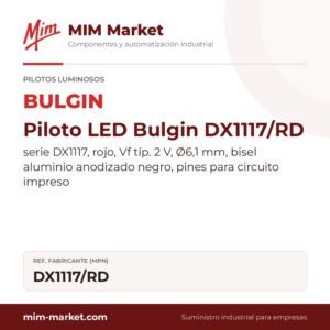 Piloto LED Bulgin DX1117/RD – serie DX1117, rojo, Vf típ. 2 V, Ø6,1 mm, bisel aluminio anodizado negro, pines para circuito impreso