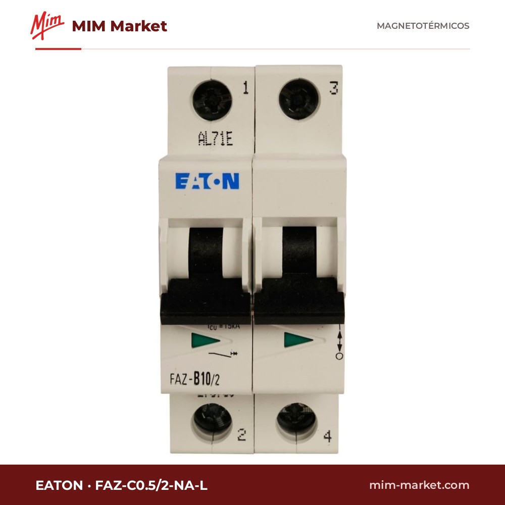 Interruptor magnetotérmico Eaton FAZ-C0.5/2-NA-L – FAZ-NA-L, 2P, curva C, 0,5 A, 240 V AC, 10 kA