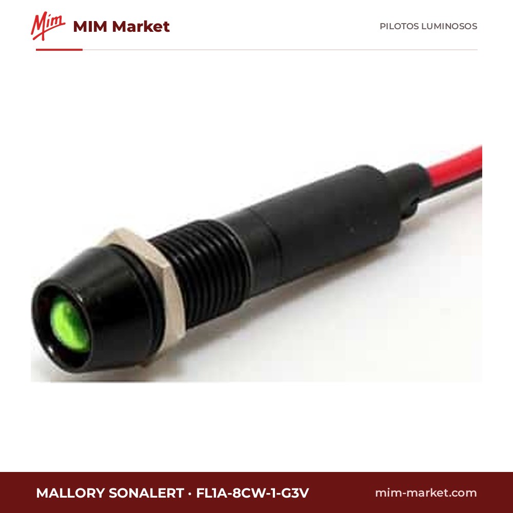 Piloto LED Mallory Sonalert FL1A-8CW-1-G3V – serie FL1A-8CW, verde, 3 V AC/DC, Ø8 mm, cables de 185,4 mm, IP65