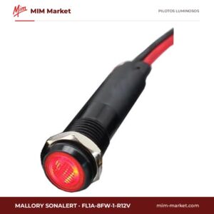 Piloto LED Mallory Sonalert FL1A-8FW-1-R12V – serie FL1A-8FW, rojo, 12 V AC/DC, Ø8 mm, cables de 185,4 mm, IP65