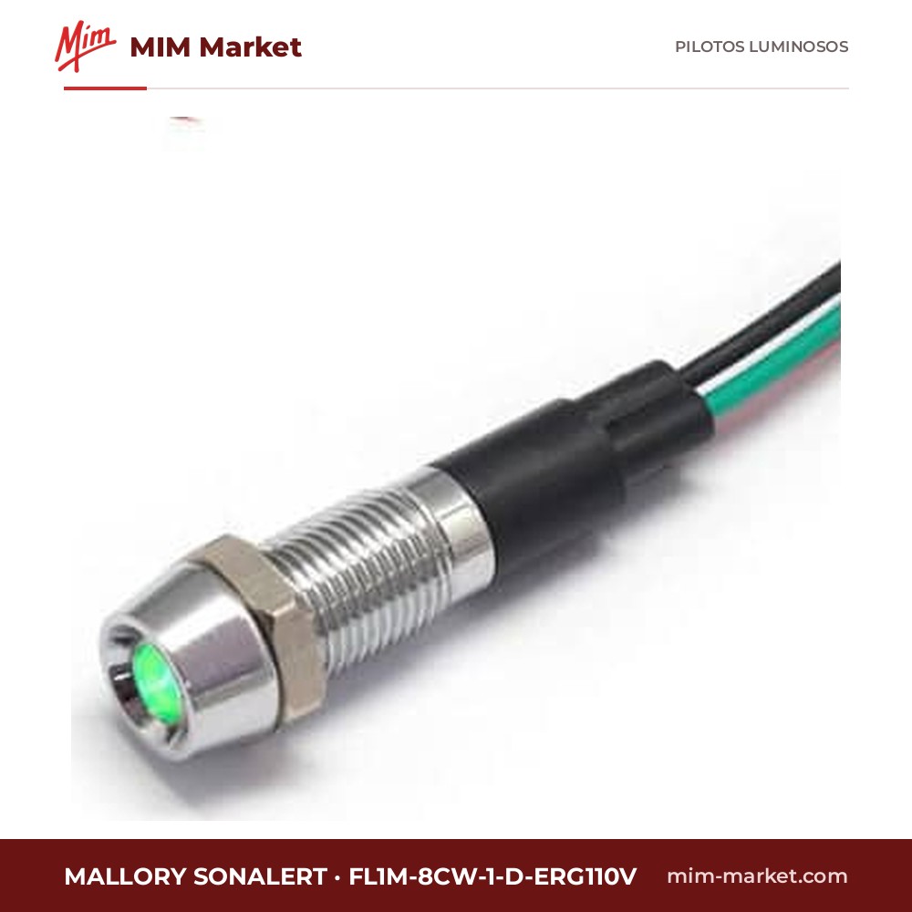 Piloto LED Mallory Sonalert FL1M-8CW-1-D-ERG110V – serie FL1M-8CW, bicolor verde/rojo, 110 V AC/DC, Ø8 mm, cables de 185,4 mm, IP65