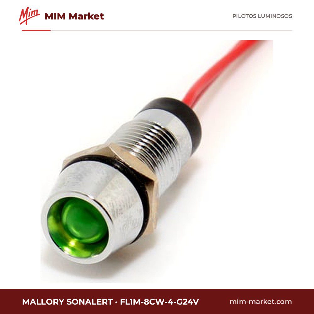 Piloto LED Mallory Sonalert FL1M-8CW-4-G24V – serie FL1M-8CW, verde, 24 V DC, Ø8 mm, cables de 185,4 mm, IP65