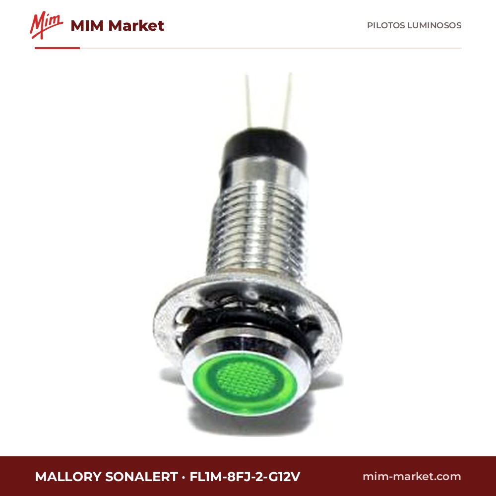 Piloto LED Mallory Sonalert FL1M-8FJ-2-G12V – serie FL1M-8FJ, verde, 12 V AC/DC, Ø8 mm, pines para circuito impreso, IP65