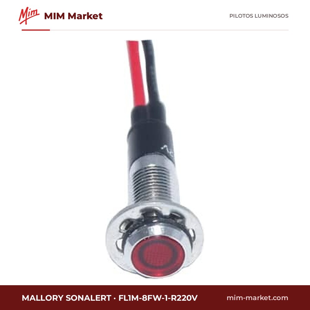 Piloto LED Mallory Sonalert FL1M-8FW-1-R220V – serie FL1M-8FW, rojo, 220 V AC/DC, Ø8 mm, cables de 185,4 mm, IP65