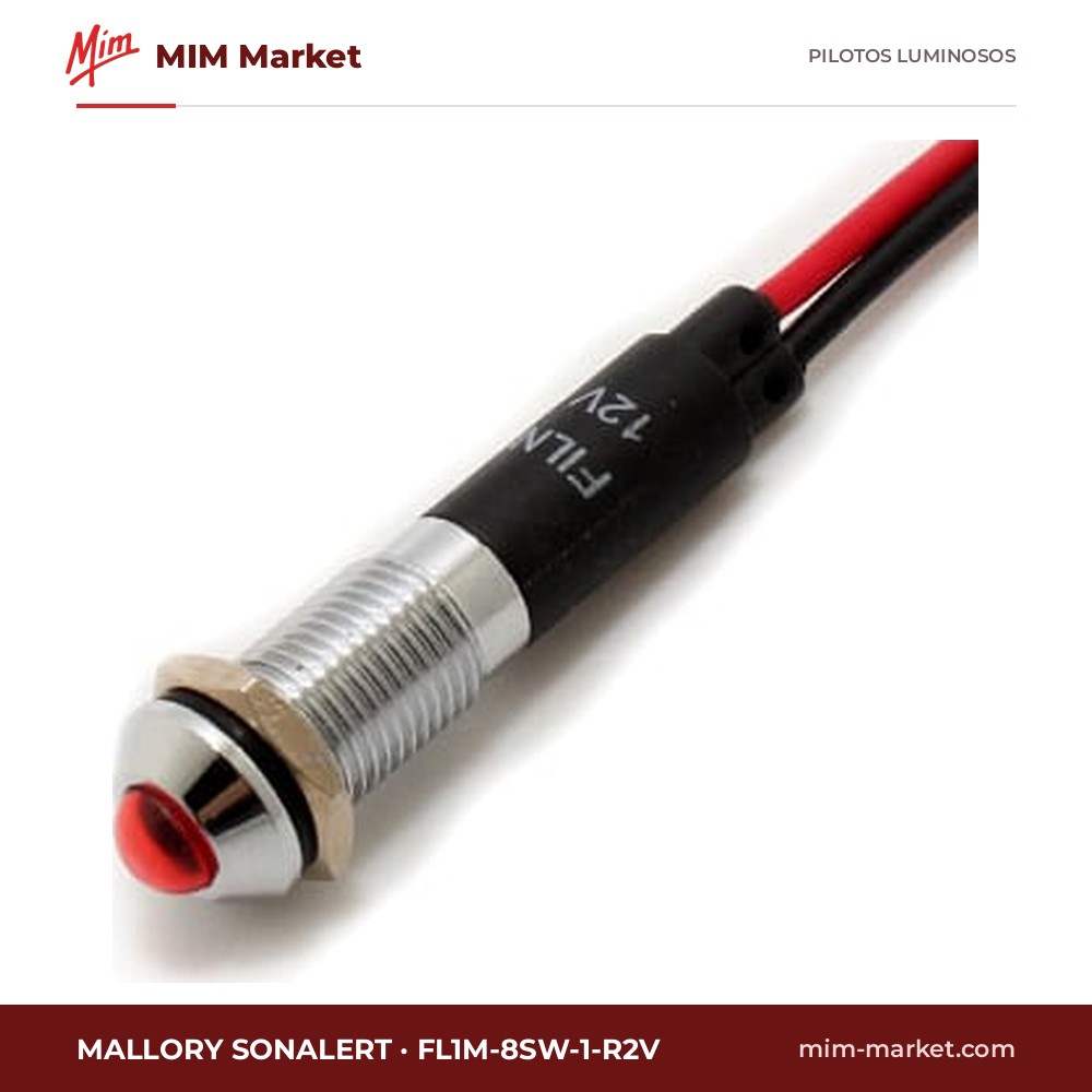 Piloto LED Mallory Sonalert FL1M-8SW-1-R2V – serie FL1M-8SW, rojo, 2 V AC/DC, Ø8 mm, cables de 185,4 mm, IP65