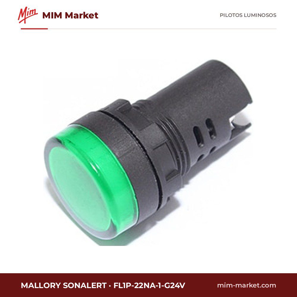 Piloto LED Mallory Sonalert FL1P-22NA-1-G24V – serie FL1P-22NA, verde, 24 V AC/DC, Ø22 mm, bornes de tornillo, IP50