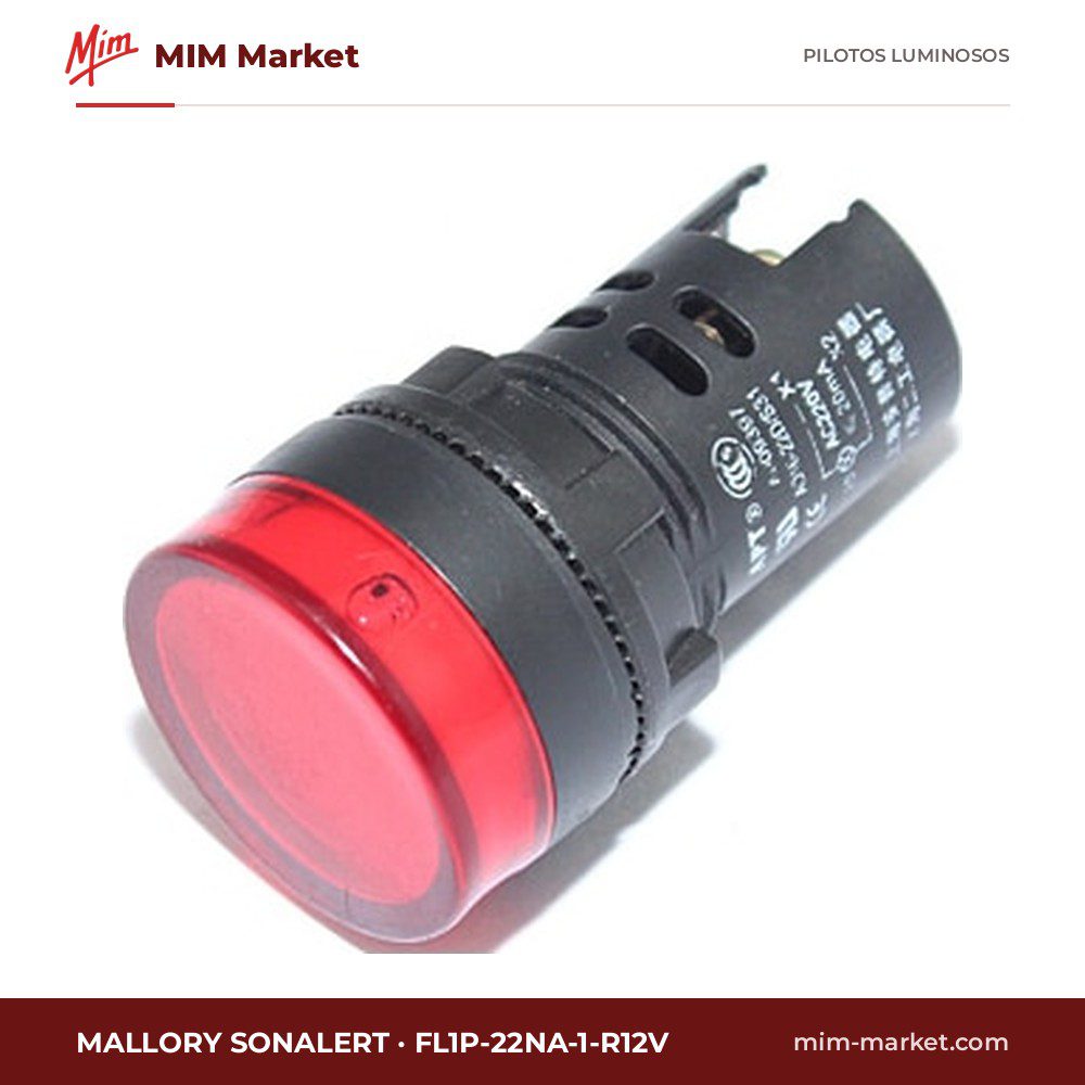 Piloto LED Mallory Sonalert FL1P-22NA-1-R12V – serie FL1P-22NA, rojo, 12 V AC/DC, Ø22 mm, bornes de tornillo, IP50