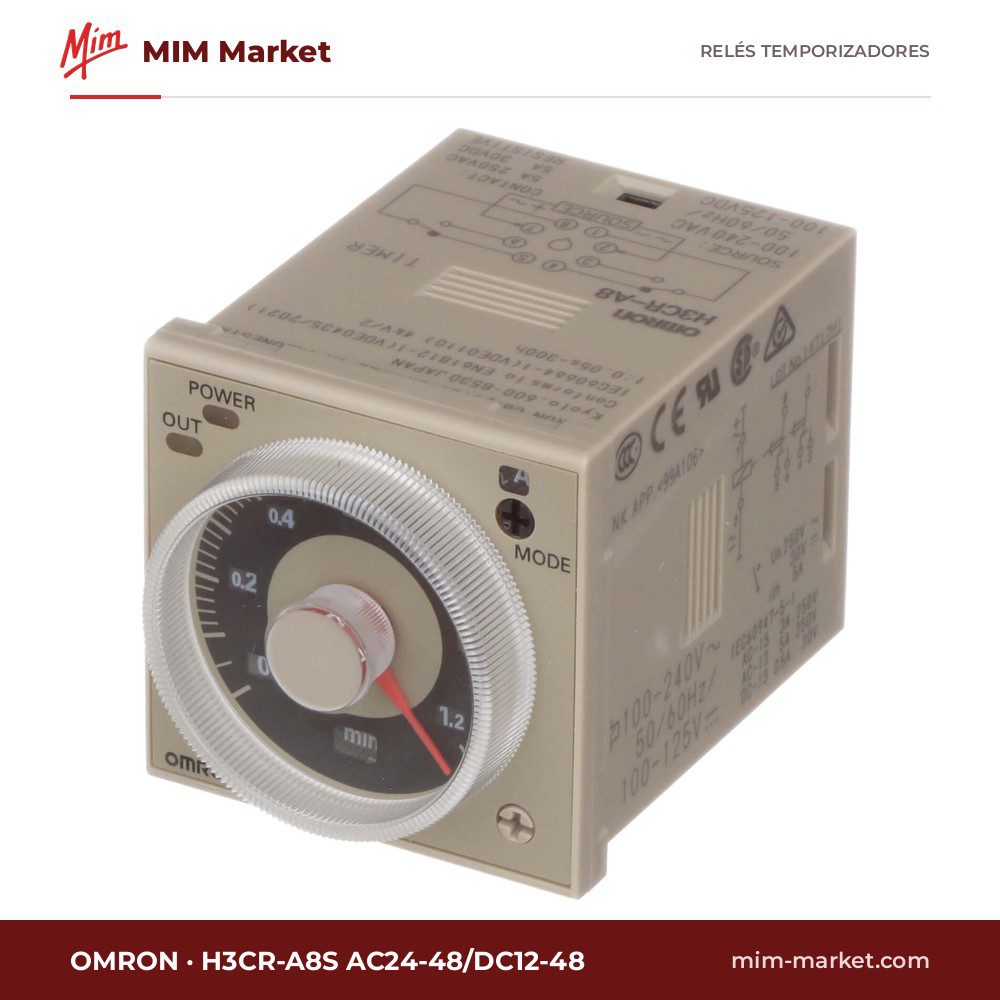 Relé temporizador Omron H3CR-A8S AC24-48/DC12-48 – 24-48 V ac / 100 - 48 V dc, Retardo a la conexión