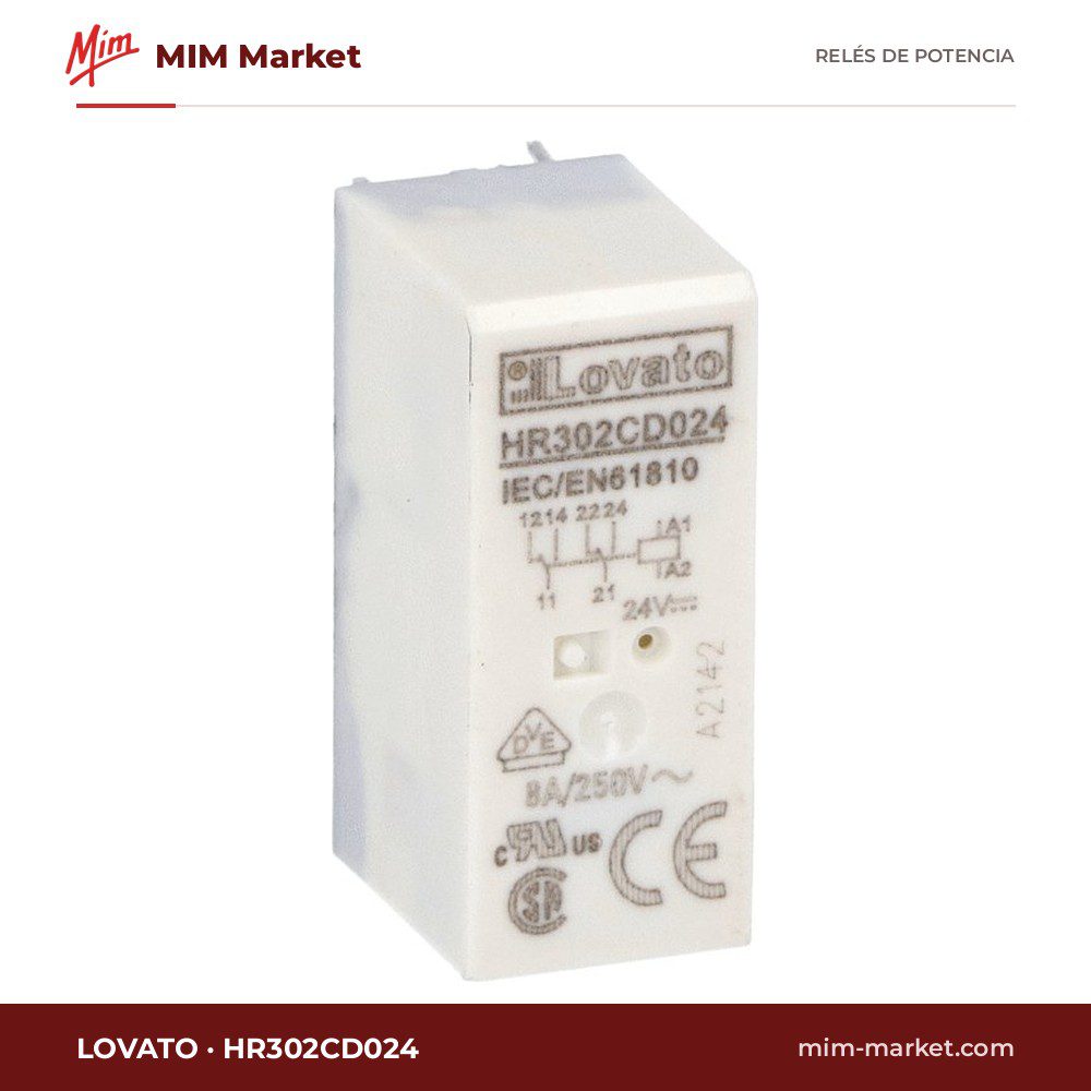 Relé de potencia Lovato HR302CD024 – DPDT, bobina 24 V dc, 8 A