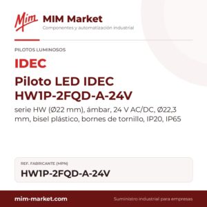 Piloto LED IDEC HW1P-2FQD-A-24V – serie HW (Ø22 mm), ámbar, 24 V AC/DC, Ø22,3 mm, bisel plástico, bornes de tornillo, IP20, IP65