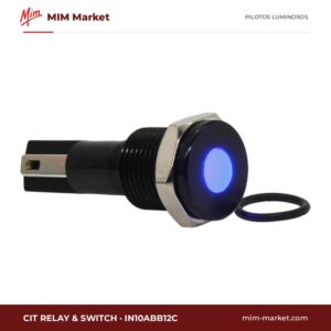 Piloto LED CIT Relay & Switch IN10ABB12C – serie IN10, azul, 12 V DC, Ø10 mm, bisel latón con acabado negro, faston 2,8 mm, IP67