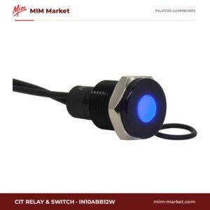 Piloto LED CIT Relay & Switch IN10ABB12W – serie IN10, azul, 12 V DC, Ø10 mm, bisel latón con acabado negro, cables de 150 mm, IP67