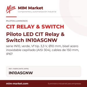 Piloto LED CIT Relay & Switch IN10ASGNW – serie IN10, verde, Vf típ. 3,3 V, Ø10 mm, bisel acero inoxidable cepillado (AISI 304), cables de 150 mm, IP67