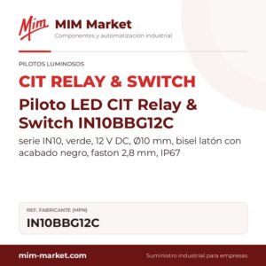 Piloto LED CIT Relay & Switch IN10BBG12C – serie IN10, verde, 12 V DC, Ø10 mm, bisel latón con acabado negro, faston 2,8 mm, IP67