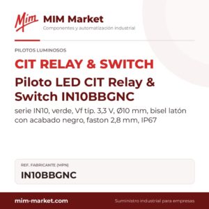 Piloto LED CIT Relay & Switch IN10BBGNC – serie IN10, verde, Vf típ. 3,3 V, Ø10 mm, bisel latón con acabado negro, faston 2,8 mm, IP67