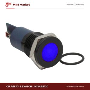 Piloto LED CIT Relay & Switch IN12ABB12C – serie IN12, azul, 12 V DC, Ø12 mm, bisel latón con acabado negro, faston 2,8 mm, IP67