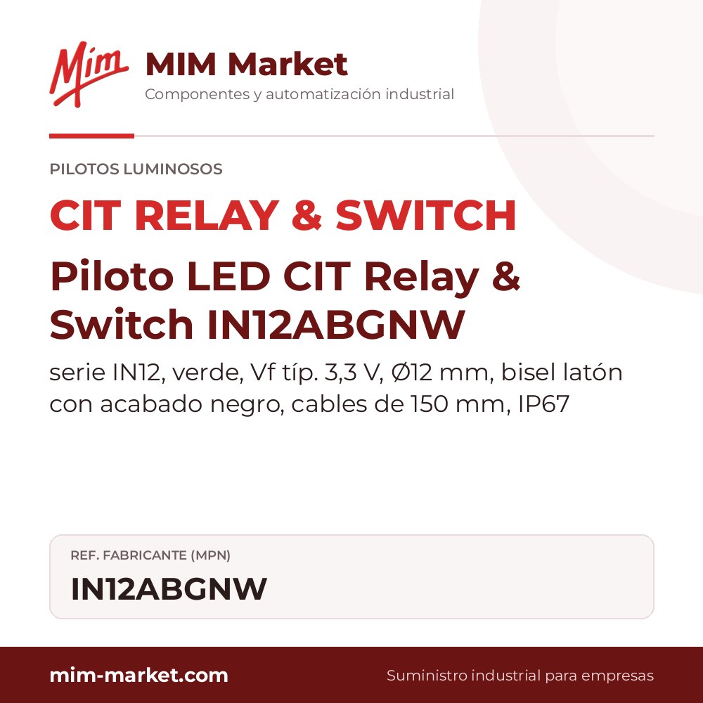 Piloto LED CIT Relay & Switch IN12ABGNW – serie IN12, verde, Vf típ. 3,3 V, Ø12 mm, bisel latón con acabado negro, cables de 150 mm, IP67