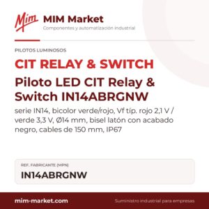 Piloto LED CIT Relay & Switch IN14ABRGNW – serie IN14, bicolor verde/rojo, Vf típ. rojo 2,1 V / verde 3,3 V, Ø14 mm, bisel latón con acabado negro, cables de 150 mm, IP67