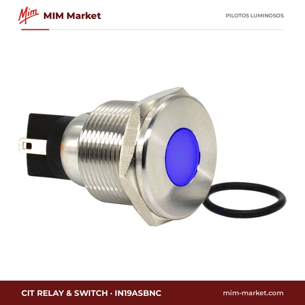 Piloto LED CIT Relay & Switch IN19ASBNC – serie IN19, azul, Vf típ. 3,3 V, Ø19 mm, bisel acero inoxidable cepillado (AISI 304), faston 2,8 mm, IP67