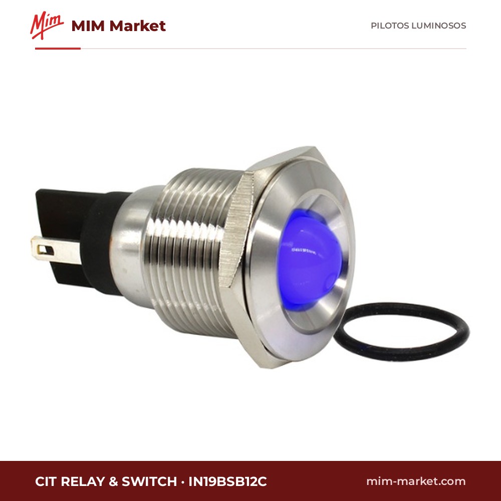 Piloto LED CIT Relay & Switch IN19BSB12C – serie IN19, azul, 12 V DC, Ø19 mm, bisel acero inoxidable cepillado (AISI 304), faston 2,8 mm, IP67