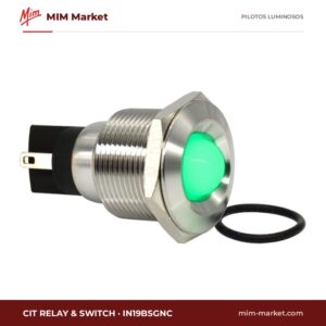 Piloto LED CIT Relay & Switch IN19BSGNC – serie IN19, verde, Vf típ. 3,3 V, Ø19 mm, bisel acero inoxidable cepillado (AISI 304), faston 2,8 mm, IP67