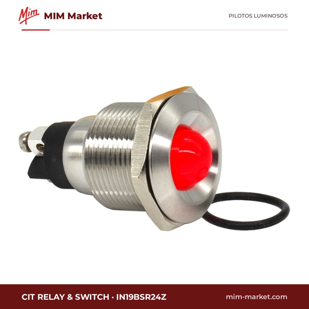Piloto LED CIT Relay & Switch IN19BSR24Z – serie IN19, rojo, 24 V DC, Ø19 mm, bisel acero inoxidable cepillado (AISI 304), bornes de tornillo, IP67