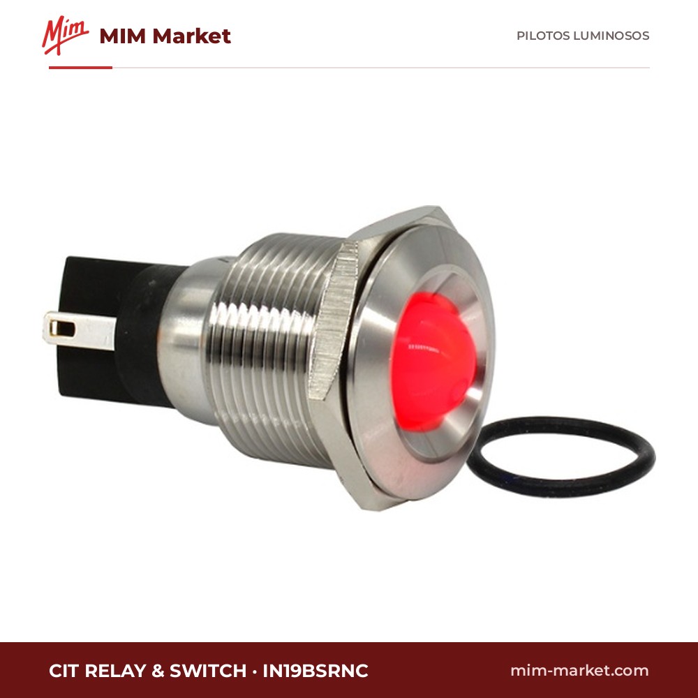 Piloto LED CIT Relay & Switch IN19BSRNC – serie IN19, rojo, Vf típ. 2,1 V, Ø19 mm, bisel acero inoxidable cepillado (AISI 304), faston 2,8 mm, IP67