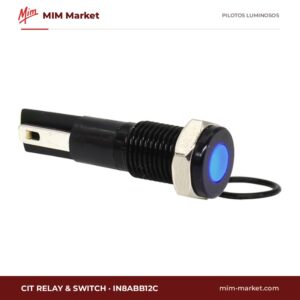 Piloto LED CIT Relay & Switch IN8ABB12C – serie IN8, azul, 12 V DC, Ø8 mm, bisel latón con acabado negro, faston 2,8 mm, IP67