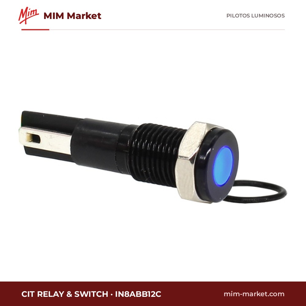 Piloto LED CIT Relay & Switch IN8ABB12C – serie IN8, azul, 12 V DC, Ø8 mm, bisel latón con acabado negro, faston 2,8 mm, IP67