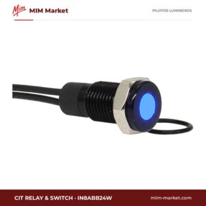 Piloto LED CIT Relay & Switch IN8ABB24W – serie IN8, azul, 24 V DC, Ø8 mm, bisel latón con acabado negro, cables de 150 mm, IP67