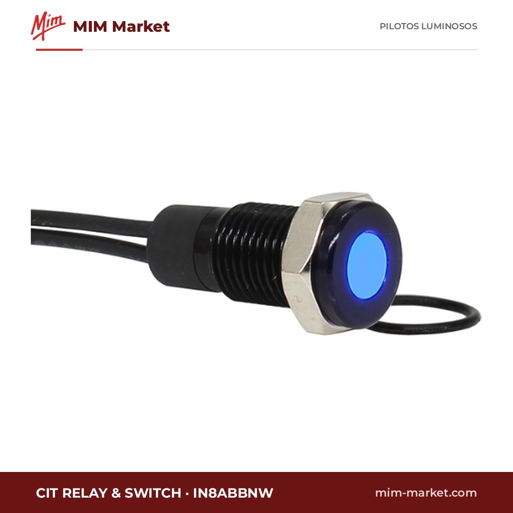 Piloto LED CIT Relay & Switch IN8ABBNW – serie IN8, azul, Vf típ. 3,3 V, Ø8 mm, bisel latón con acabado negro, cables de 150 mm, IP67