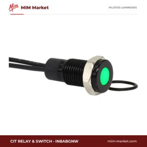 Piloto LED CIT Relay & Switch IN8ABGNW – serie IN8, verde, Vf típ. 3,3 V, Ø8 mm, bisel latón con acabado negro, cables de 150 mm, IP67