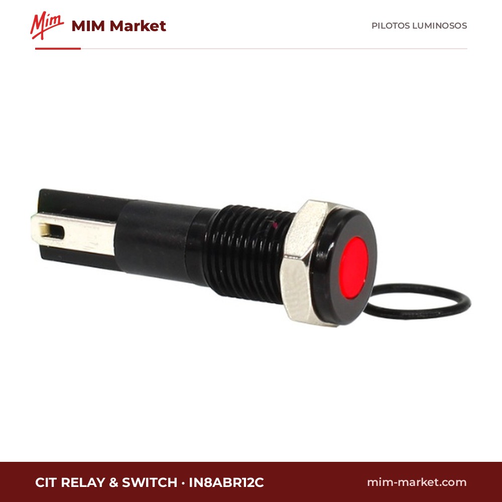 Piloto LED CIT Relay & Switch IN8ABR12C – serie IN8, rojo, 12 V DC, Ø8 mm, bisel latón con acabado negro, faston 2,8 mm, IP67