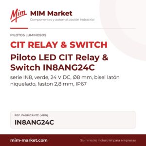 Piloto LED CIT Relay & Switch IN8ANG24C – serie IN8, verde, 24 V DC, Ø8 mm, bisel latón niquelado, faston 2,8 mm, IP67
