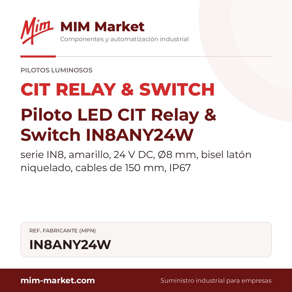 Piloto LED CIT Relay & Switch IN8ANY24W – serie IN8, amarillo, 24 V DC, Ø8 mm, bisel latón niquelado, cables de 150 mm, IP67