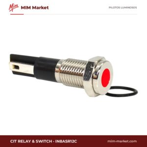 Piloto LED CIT Relay & Switch IN8ASR12C – serie IN8, rojo, 12 V DC, Ø8 mm, bisel acero inoxidable cepillado (AISI 304), faston 2,8 mm, IP67