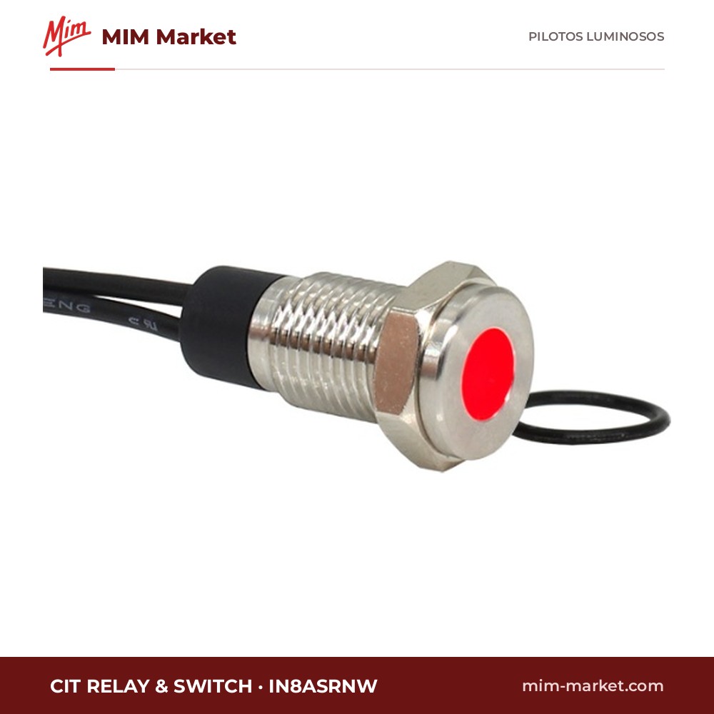 Piloto LED CIT Relay & Switch IN8ASRNW – serie IN8, rojo, Vf típ. 2,1 V, Ø8 mm, bisel acero inoxidable cepillado (AISI 304), cables de 150 mm, IP67