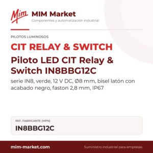 Piloto LED CIT Relay & Switch IN8BBG12C – serie IN8, verde, 12 V DC, Ø8 mm, bisel latón con acabado negro, faston 2,8 mm, IP67