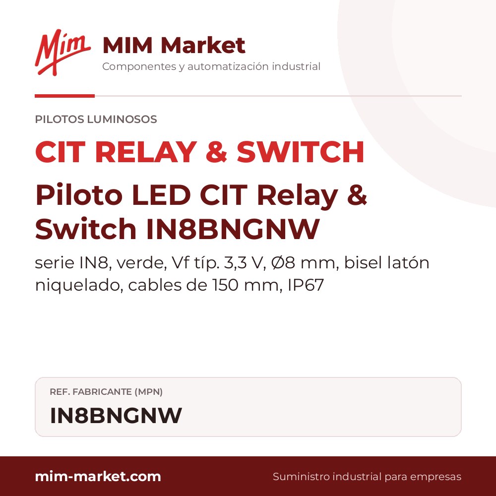 Piloto LED CIT Relay & Switch IN8BNGNW – serie IN8, verde, Vf típ. 3,3 V, Ø8 mm, bisel latón niquelado, cables de 150 mm, IP67