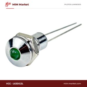 Piloto LED VCC L63DG2L – serie L63, verde, Vf típ. 3,2 V, Ø6,1 mm, bisel cromado, pines para circuito impreso