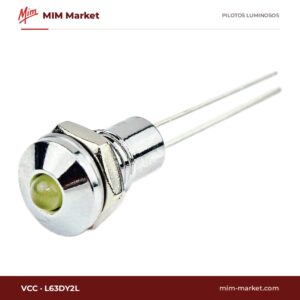 Piloto LED VCC L63DY2L – serie L63, amarillo, Vf típ. 2 V, Ø6,1 mm, bisel cromado, pines para circuito impreso