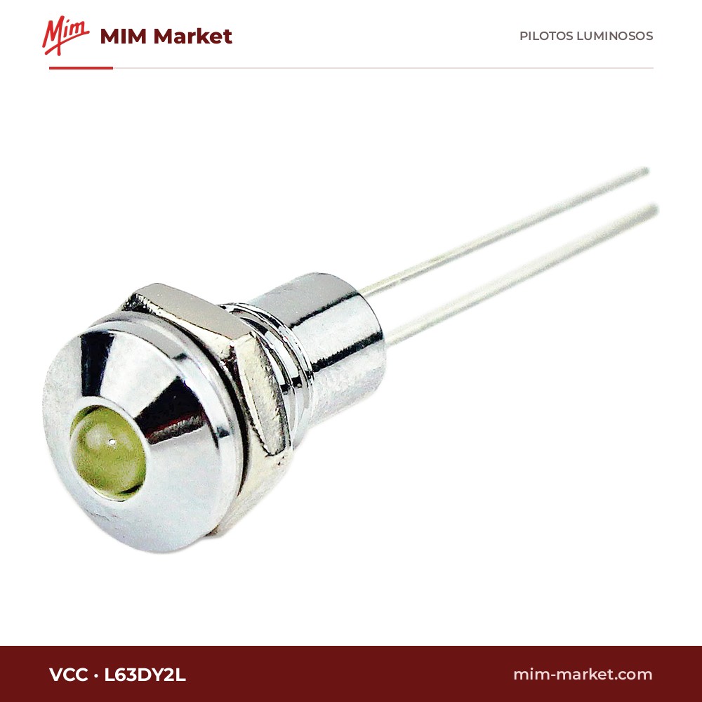 Piloto LED VCC L63DY2L – serie L63, amarillo, Vf típ. 2 V, Ø6,1 mm, bisel cromado, pines para circuito impreso