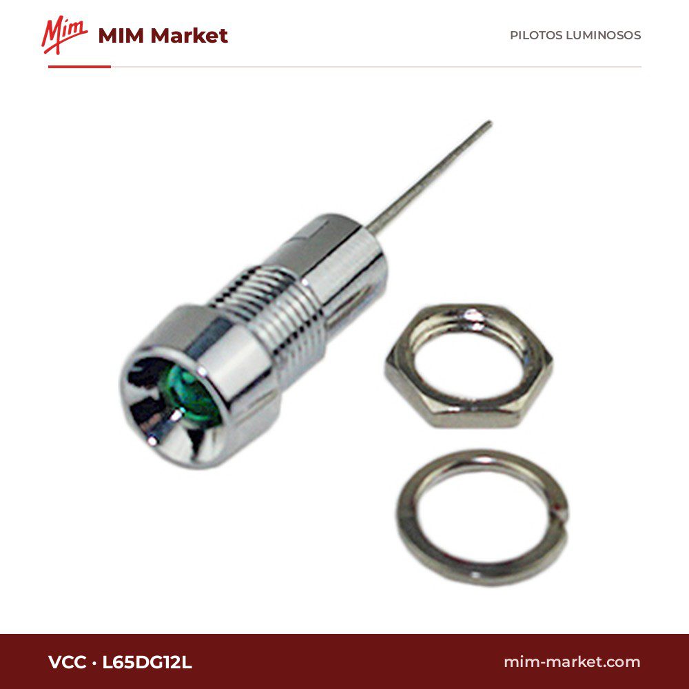 Piloto LED VCC L65DG12L – serie L65, verde, 12 V, Ø8 mm, pines para circuito impreso