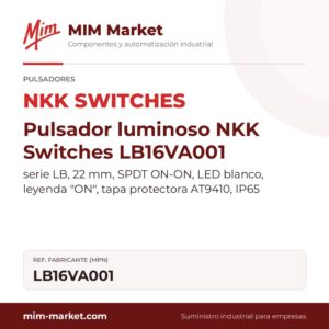 Pulsador luminoso NKK Switches LB16VA001 – serie LB, 22 mm, SPDT ON-ON, LED blanco, leyenda "ON", tapa protectora AT9410, IP65