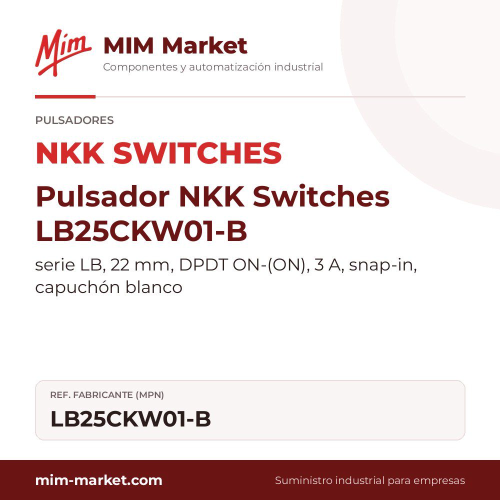 Pulsador NKK Switches LB25CKW01-B – serie LB, 22 mm, DPDT ON-(ON), 3 A, snap-in, capuchón blanco
